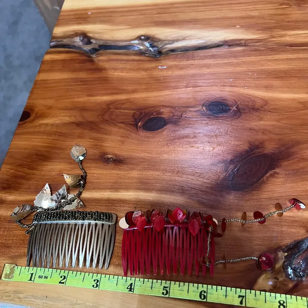 Vintage Hair Combs Y2K 1990's Plastic Beaded Topper Dangle Red Gold‎ Tone Leaves